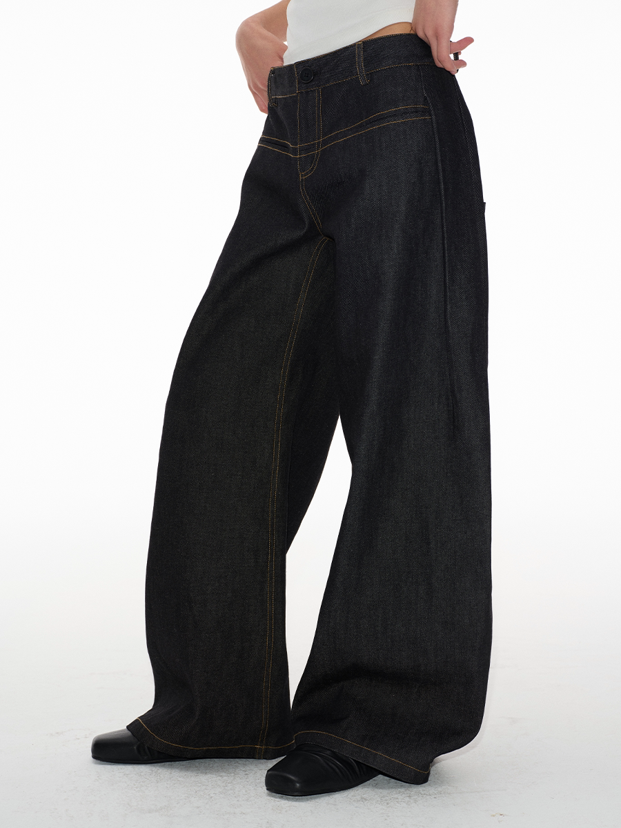 JCAESAR Denim Inverted Pleats Low-Rise Wide-Leg Jeans