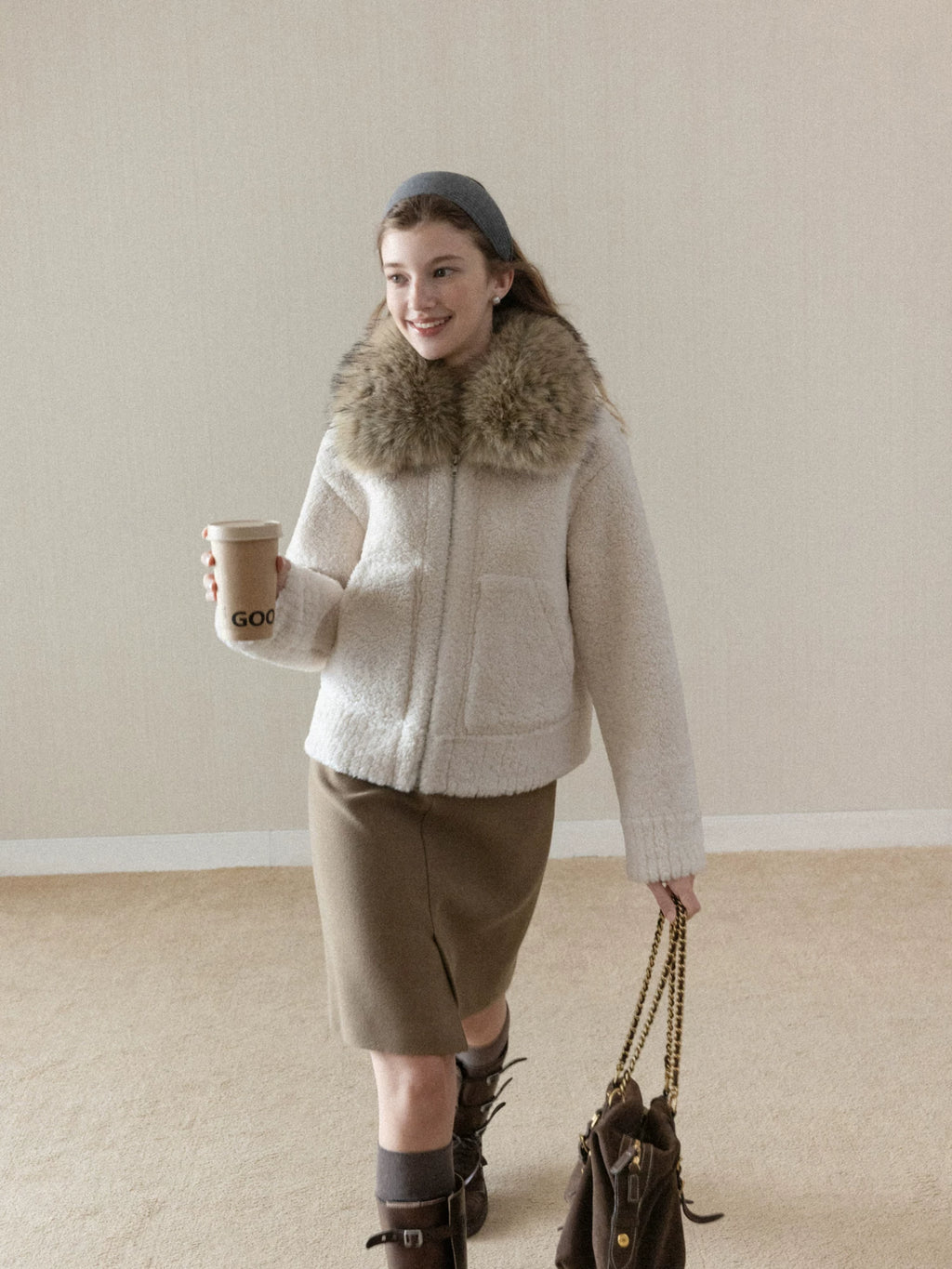 Cantonstory Korean Versatile Lamb Wool Collar Thickened Jacket