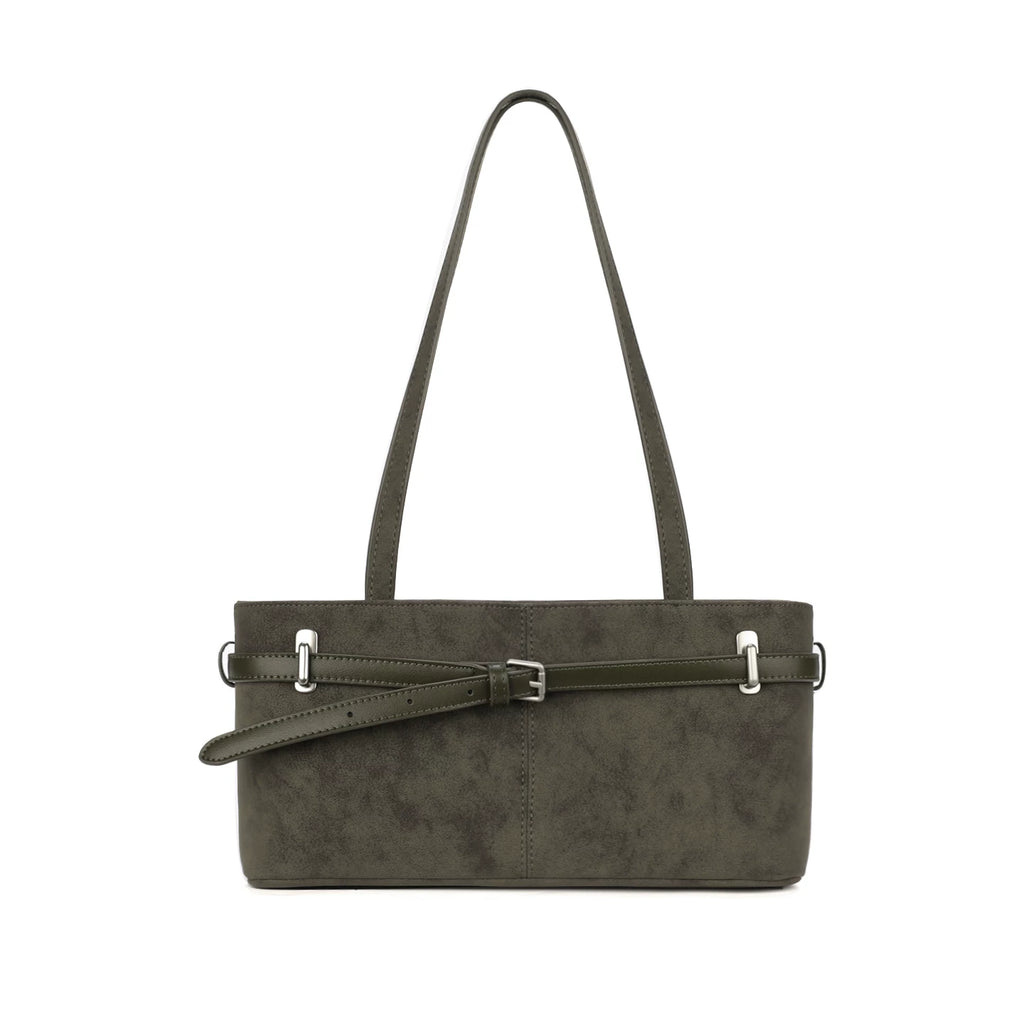 JANDRESS Moss Green Faux Leather Zip-Top Shoulder Bag