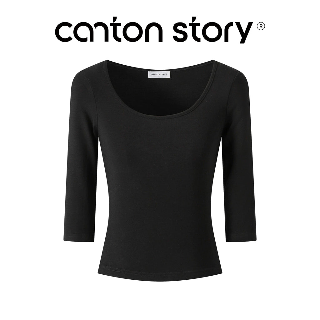 Cantonstory White U-Neck Fitted Long-Sleeve Tee