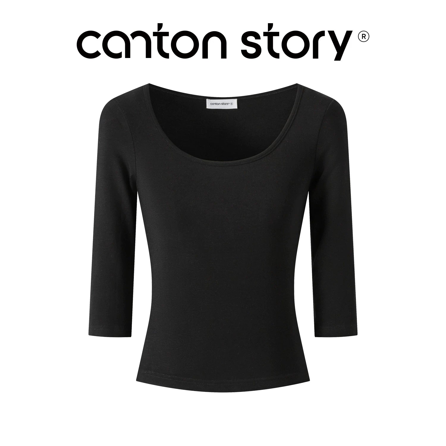 Cantonstory White U-Neck Fitted Long-Sleeve Tee