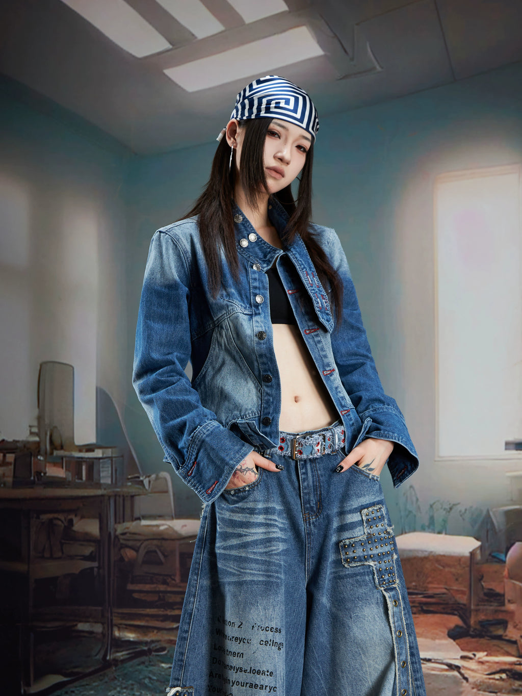 NOMANIAI Retro Old Washed Stand-up Collar Slim Denim Jacket