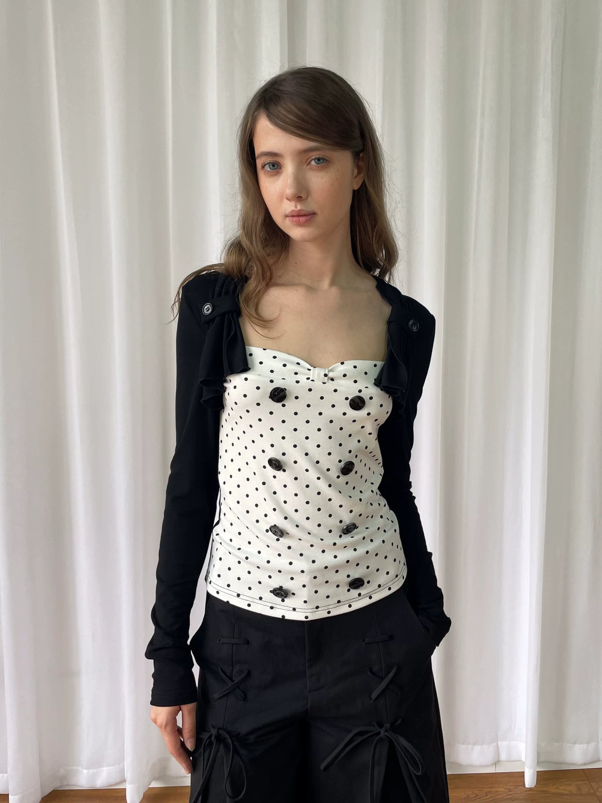 LooseSmell Polka Dot Butterfly Faux Two-Piece Slim Fit Top