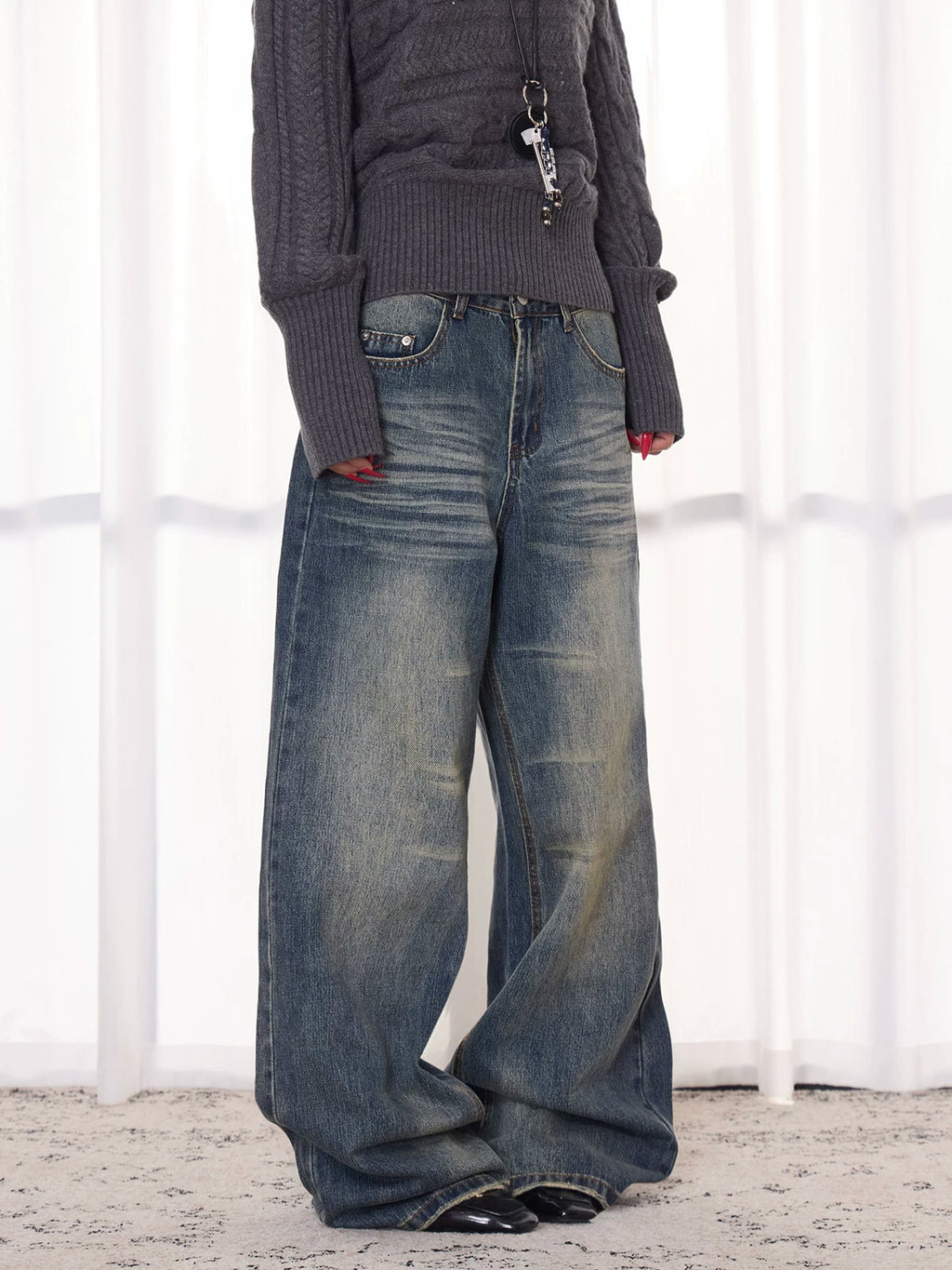 ANTSSTNA Washed Distressed Loose Straight Wide-Leg Jeans