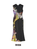 OfAkiva Contrasting Color Print Cheongsam Dress