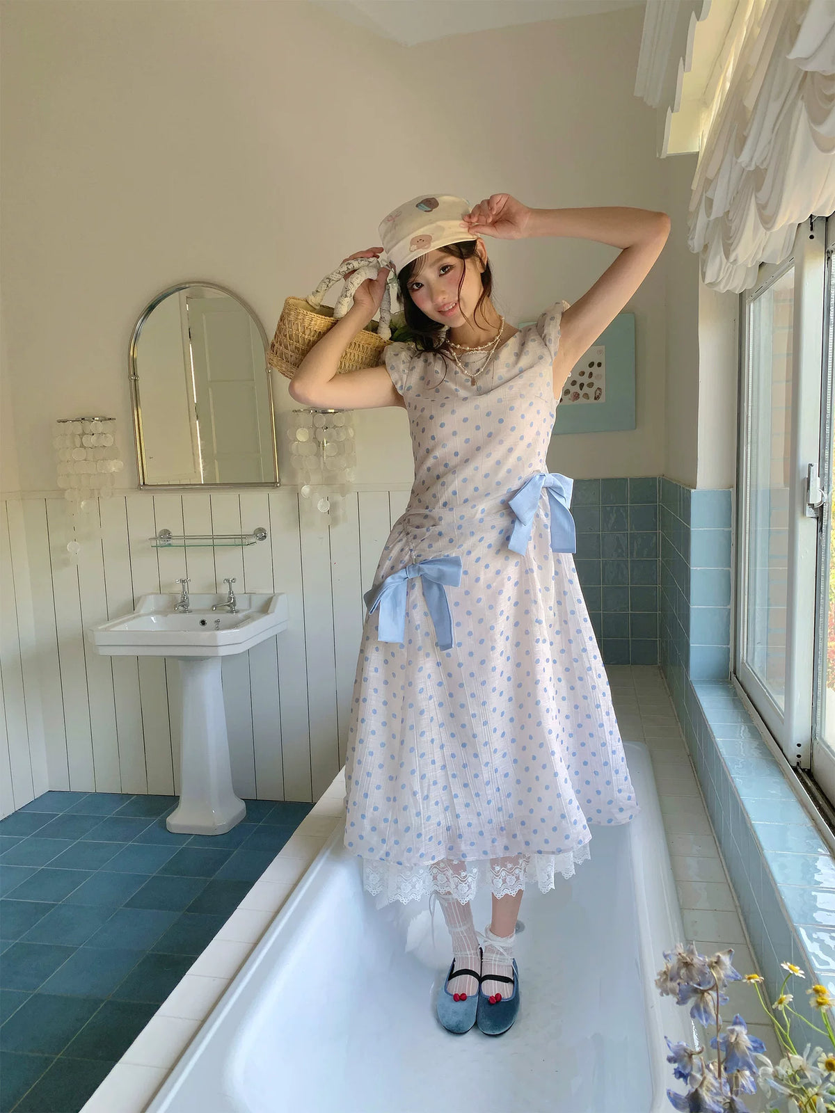 RRFIGHT Blue Mist Polka Dot Breathable Slim Fit A-Line Dress