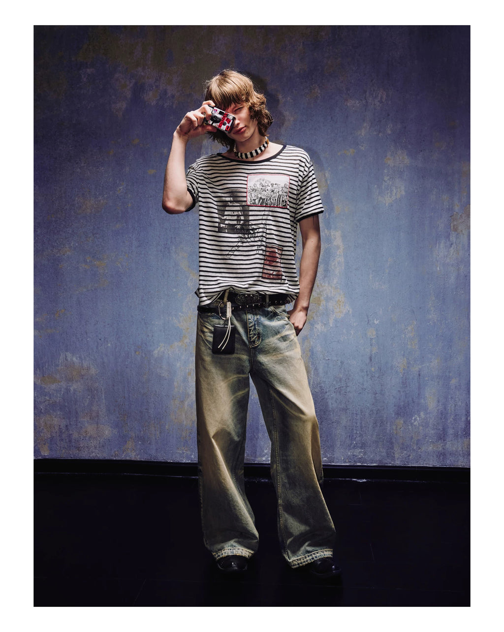 Yemanup Retro Striped Embroidered Applique Printed Versatile Tee