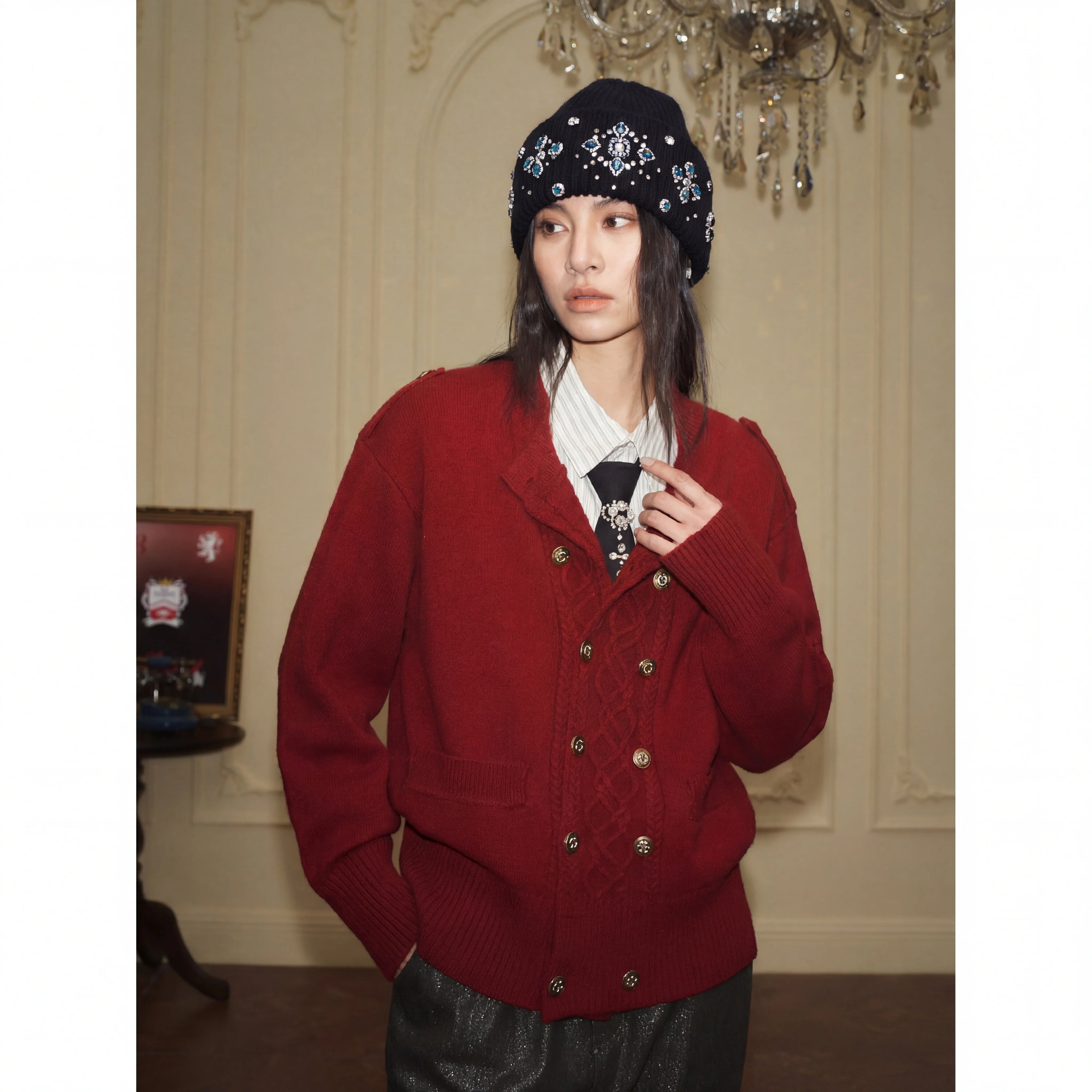 YADcrew Double-breasted Metal-buckle Crew-neck Knitted Cardigan