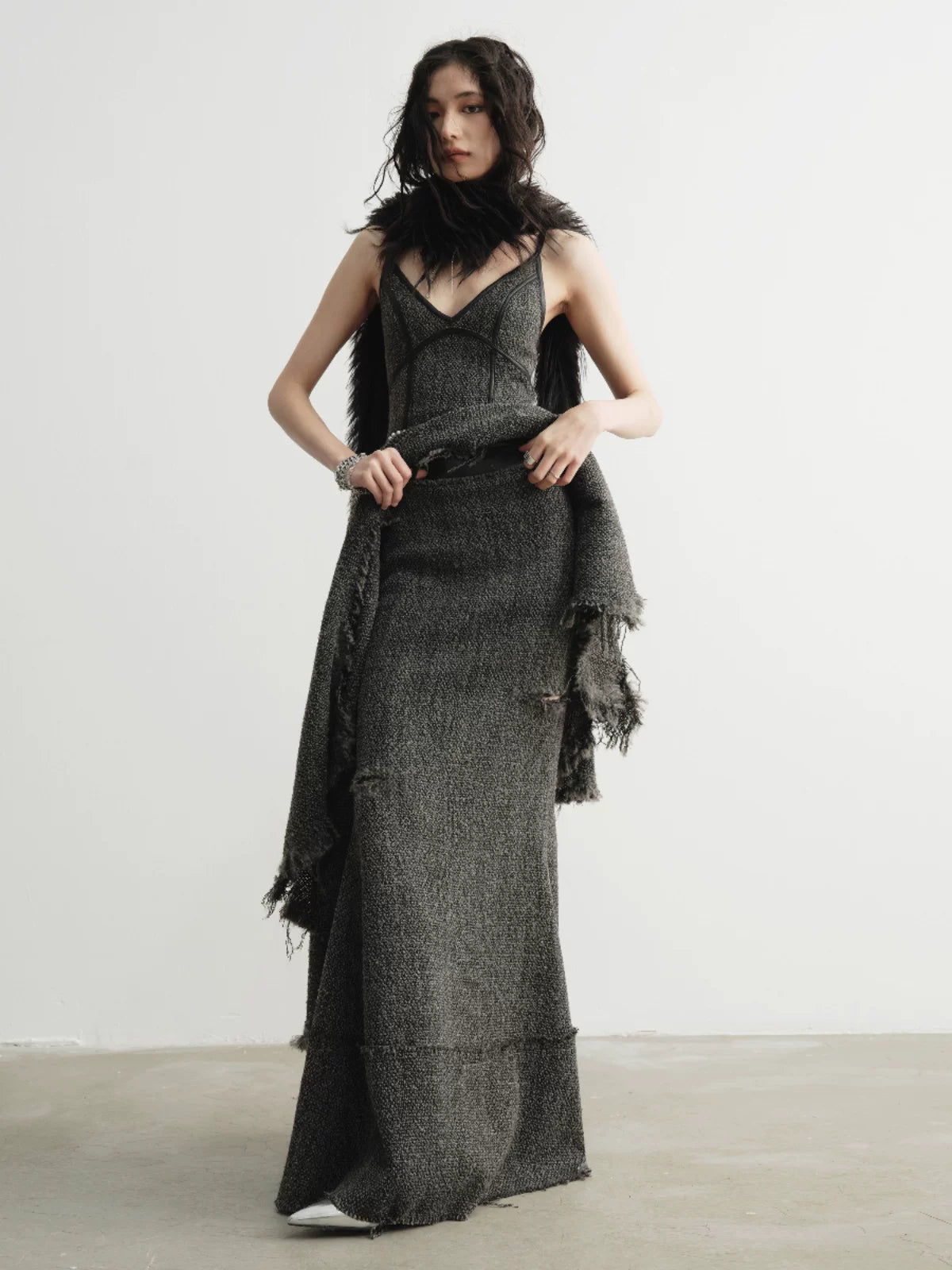 JNYLON Retro Rough Edge Super Long Skirt