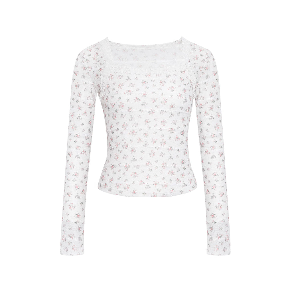 Wildberry Square Neck Floral Knit Long-Sleeve Top