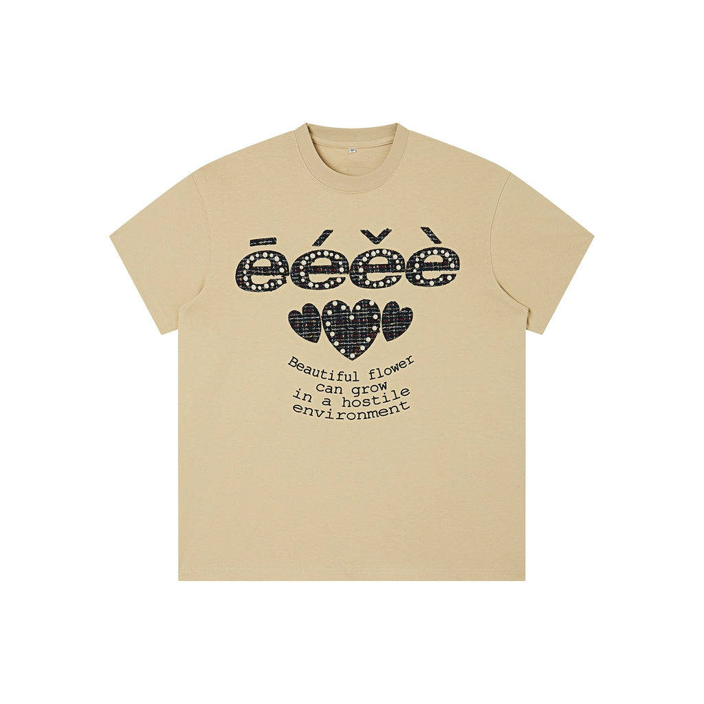 EeeeArtmonster Love Patch Pearl Beads Letter Tee