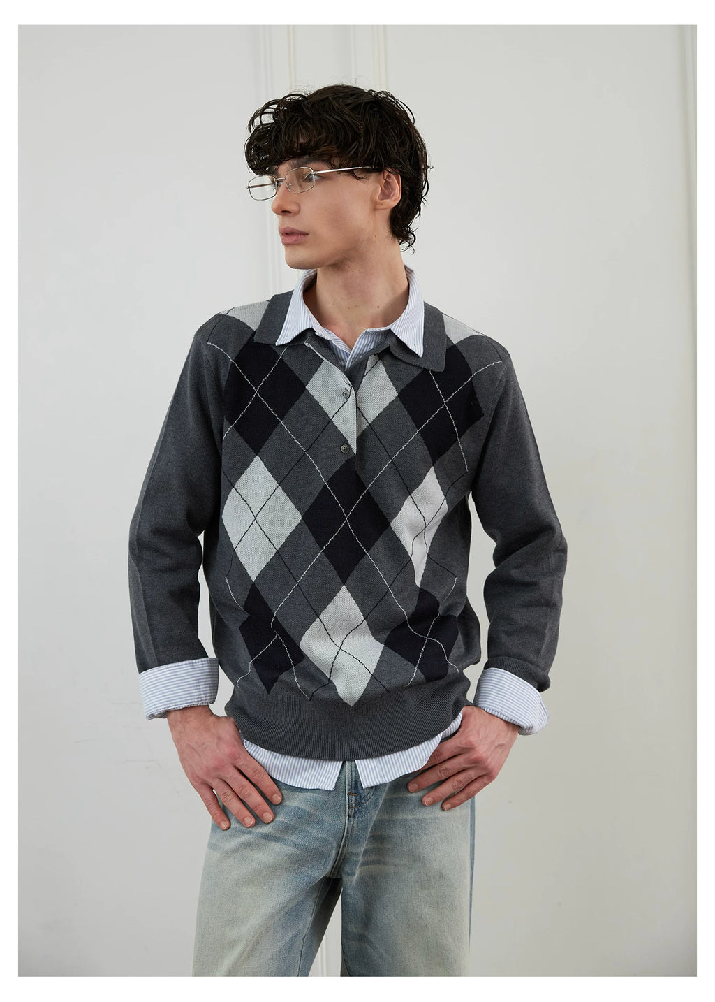 SINONOME wool blended grid retro Polo long-sleeved knitted sweater