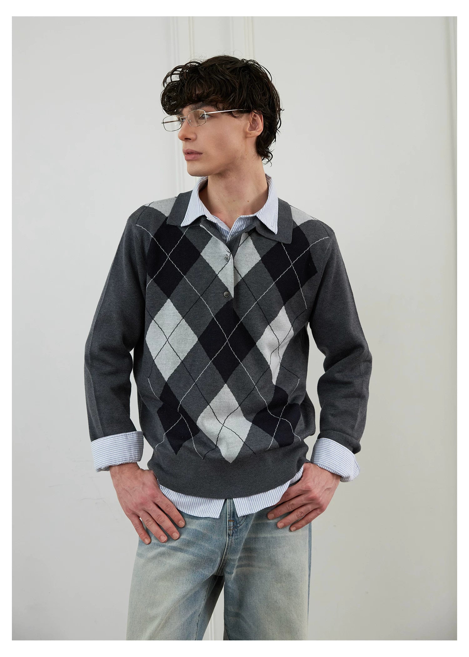 SINONOME wool blended grid retro Polo long-sleeved knitted sweater