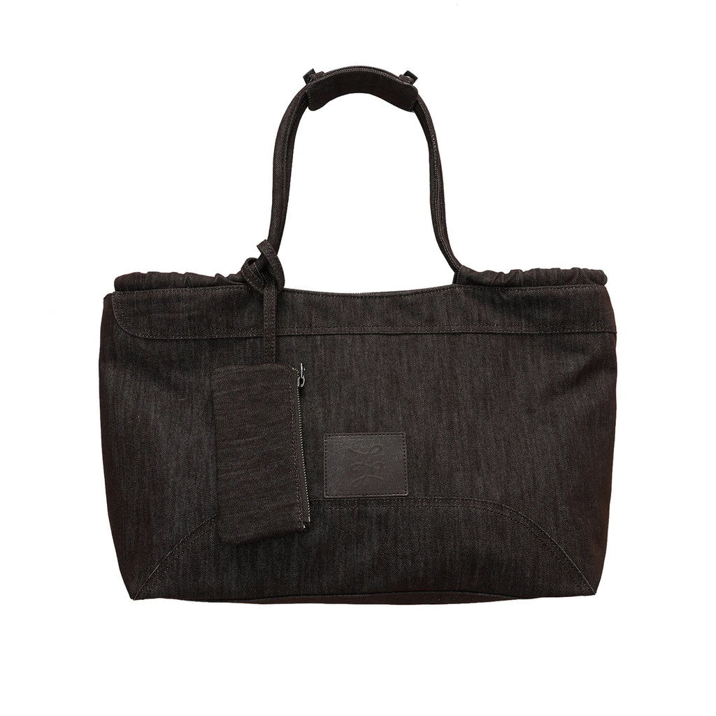 LR MADE Raw Denim Shoulder Bag With Leather Patch - Zip Top