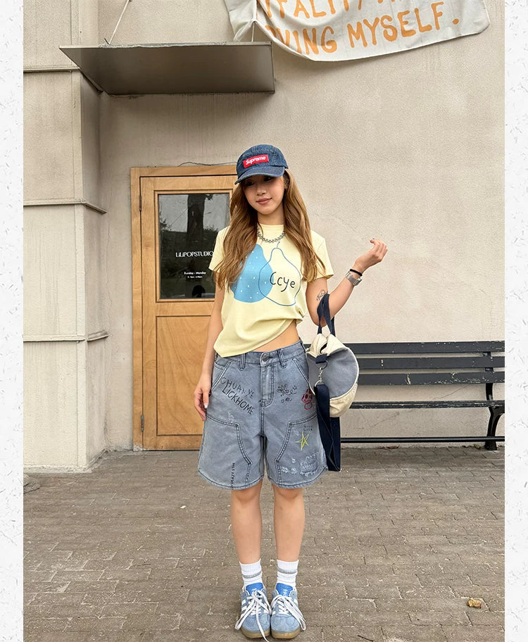 CCYE Embroidered Print Frayed Denim Shorts