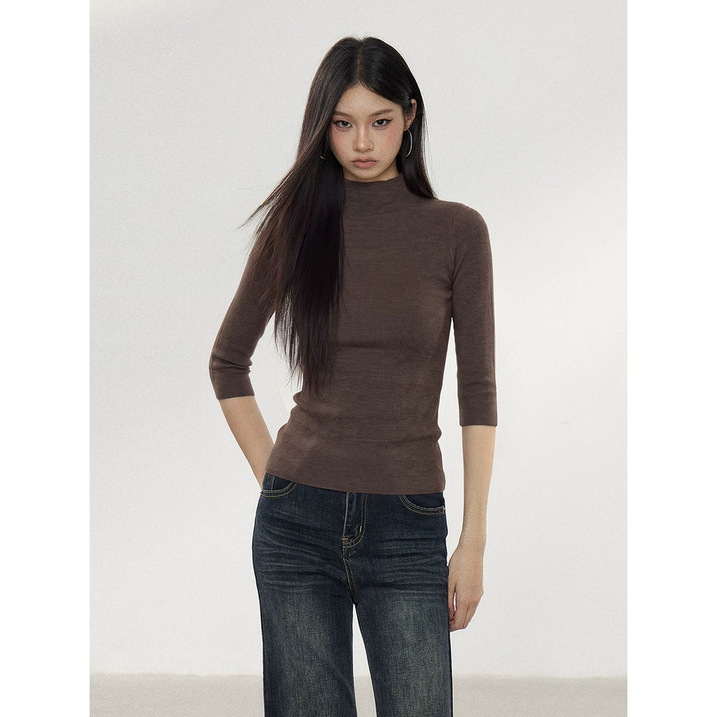 WITHMIN Solid Color Half-Turtleneck 3D Print Pullover Top
