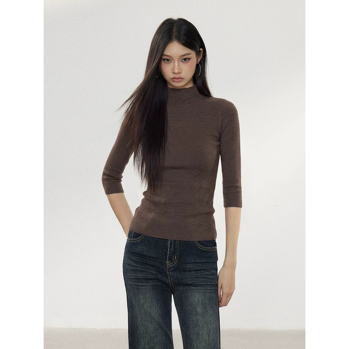 WITHMIN Solid Color Half-Turtleneck 3D Print Pullover Top