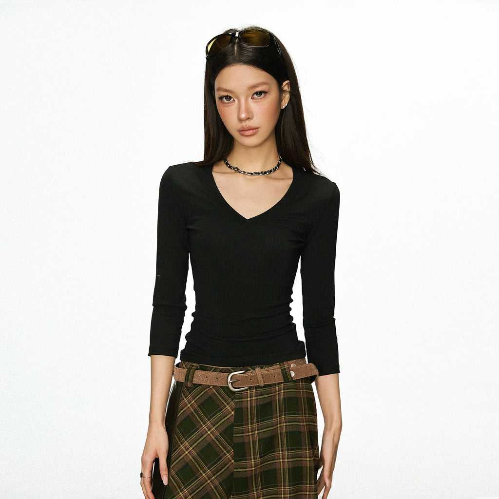 Cherry Melody Retro Slim V-neck Slim Versatile Seven-quarter Sleeve