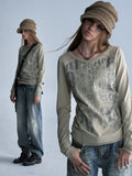wear And tear Two-Tone V-Neck Glitter Raw-Edge Asymmetric Slim Fit Tee