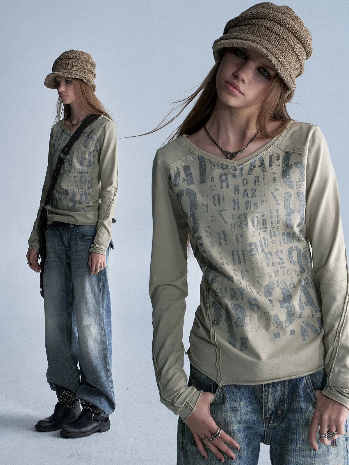 wear And tear Two-Tone V-Neck Glitter Raw-Edge Asymmetric Slim Fit Tee
