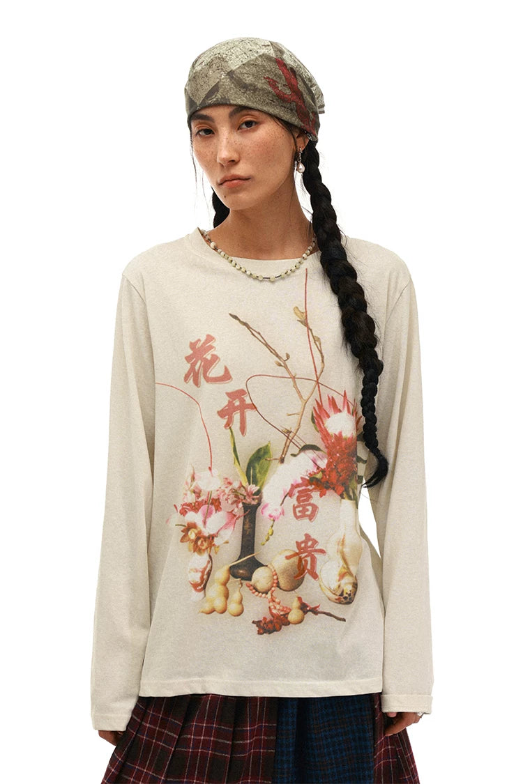 PHYS Chinese Floral Print Lazy Long-sleeved T-shirt