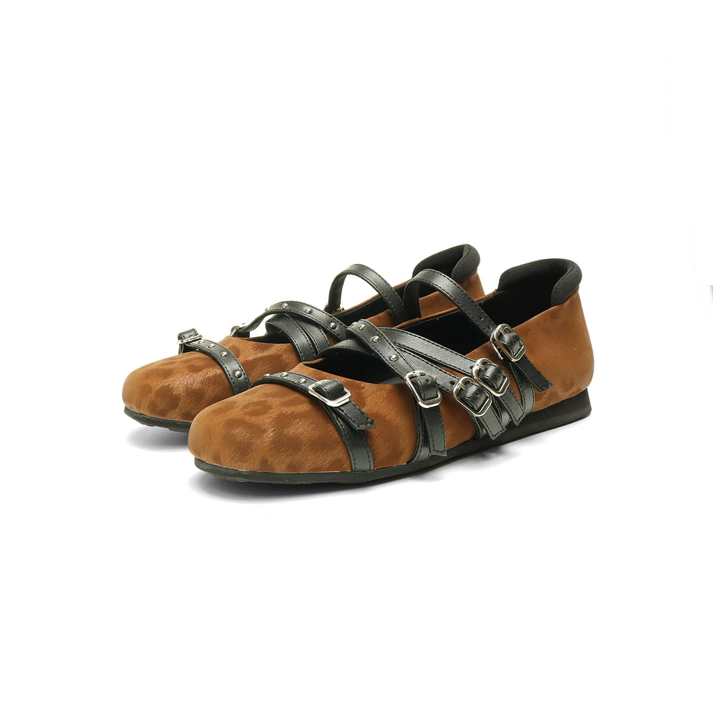 ASTHER Leather Round-Toe Studded Mary Jane Flat