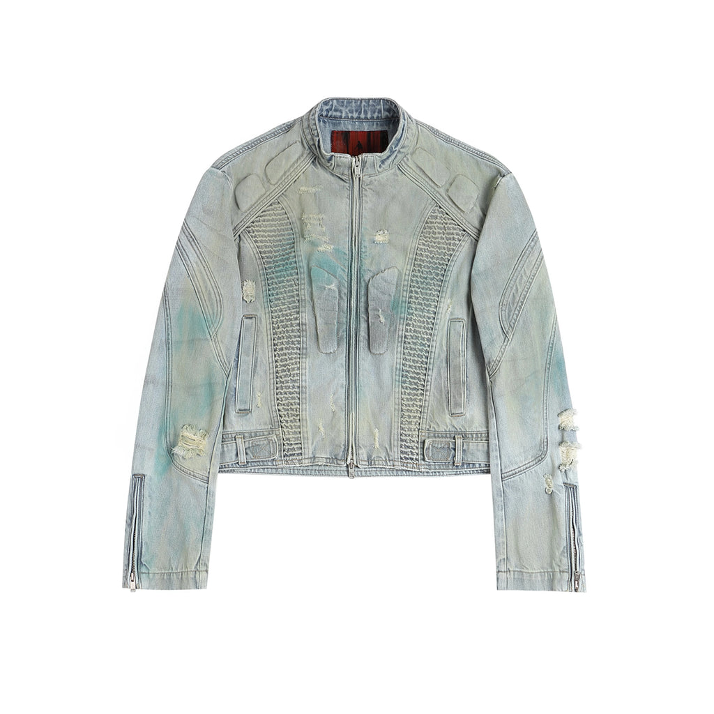 FACEON LAB Dark Akila Washed Motorcycle Denim Jacket - As Seen on Ding Yuxi