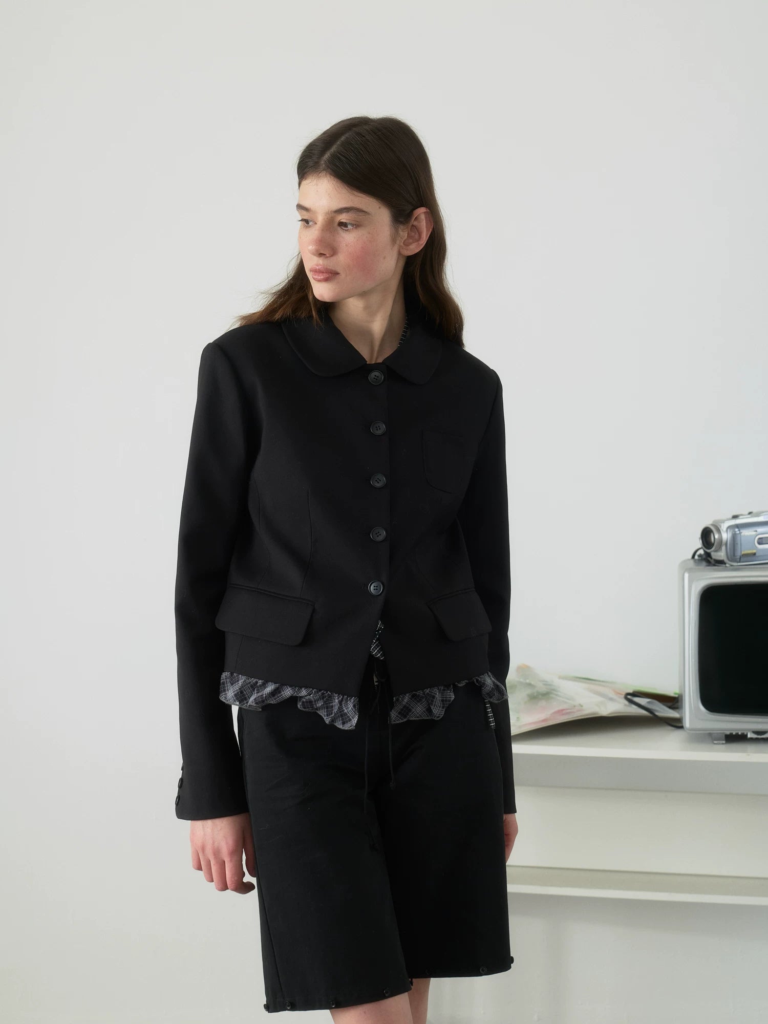 Yawhat Black Notch Lapel Plaid Ruffle Blazer