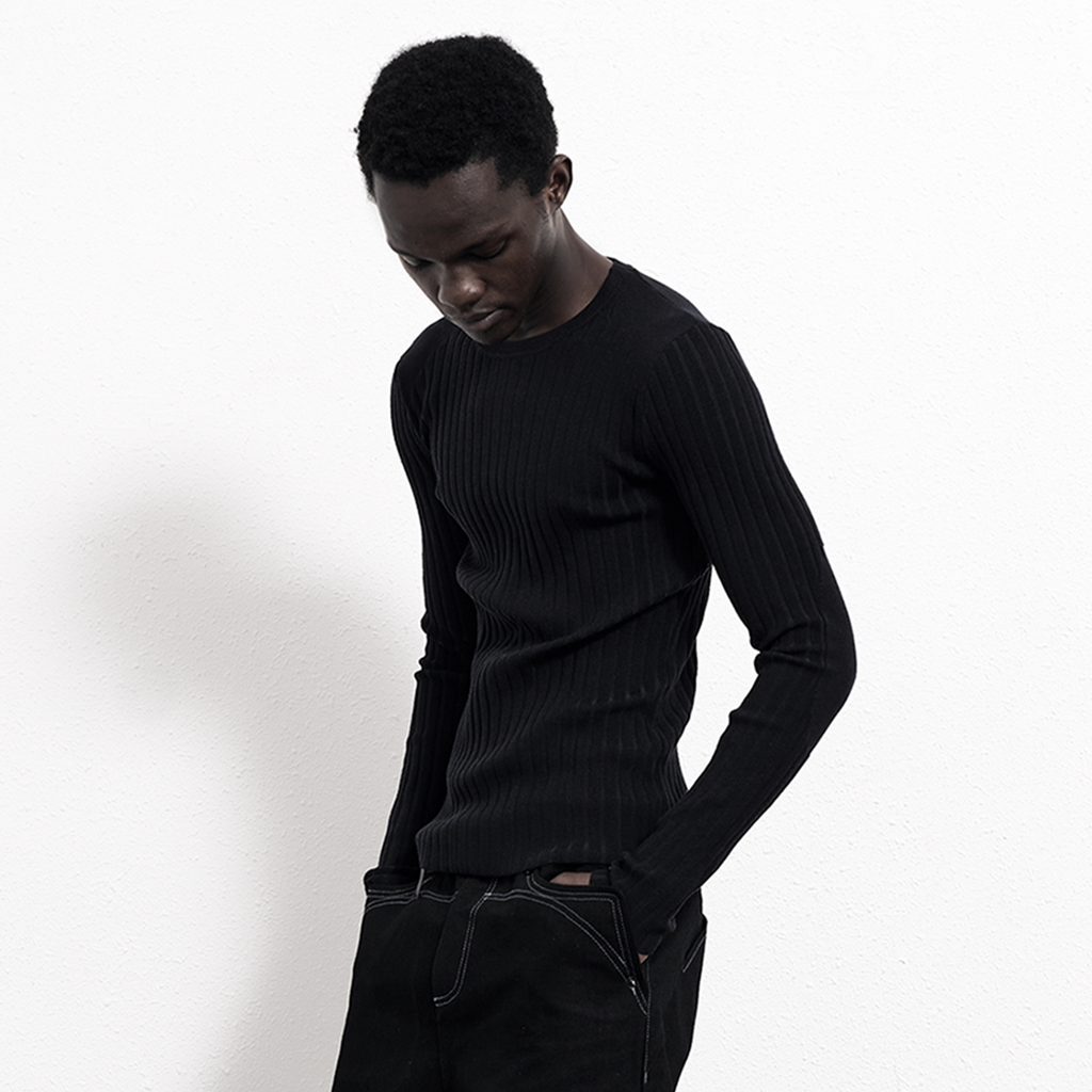 BEVAN UP Black Textured Slim-Fit Knit Sweater