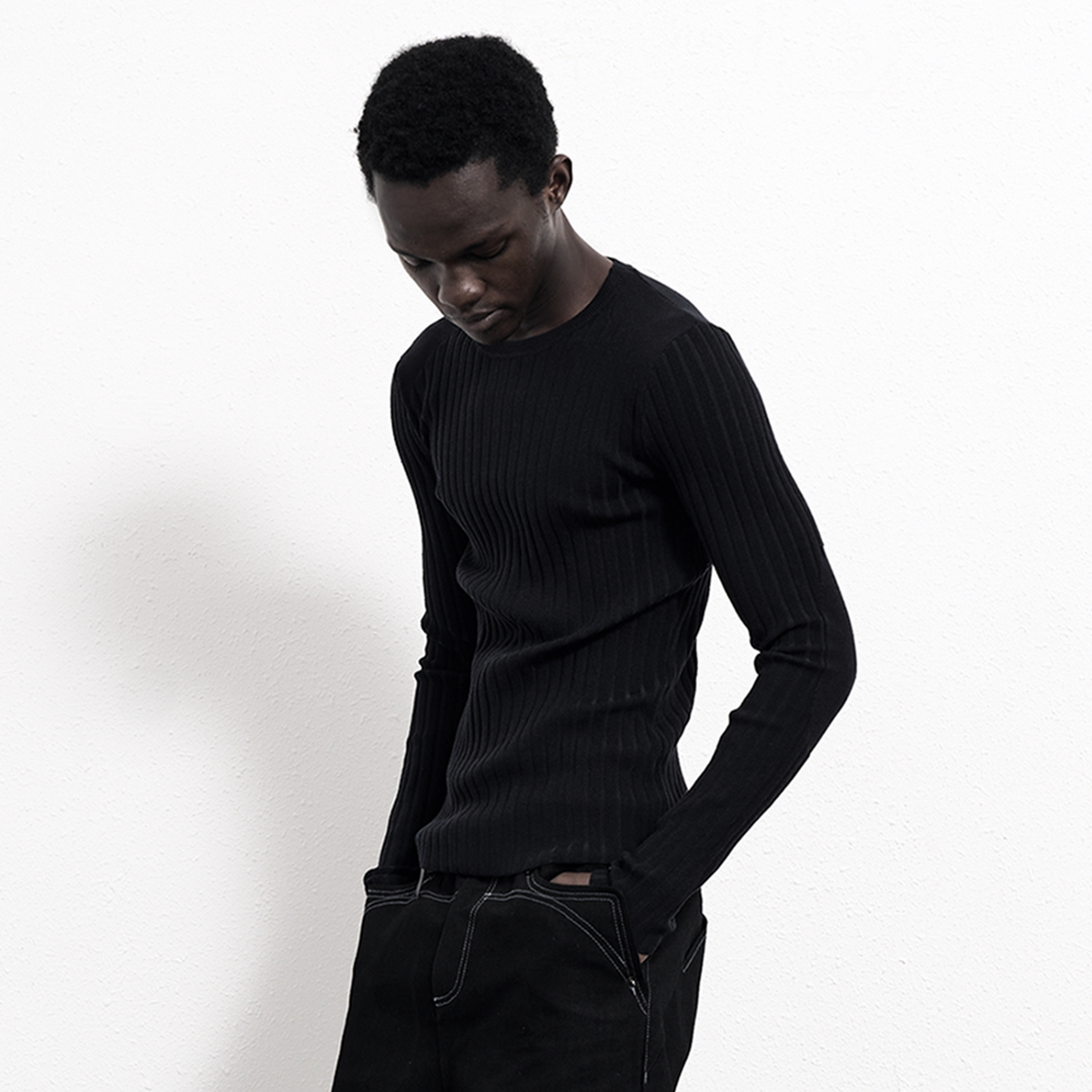 BEVAN UP Black Textured Slim-Fit Knit Sweater