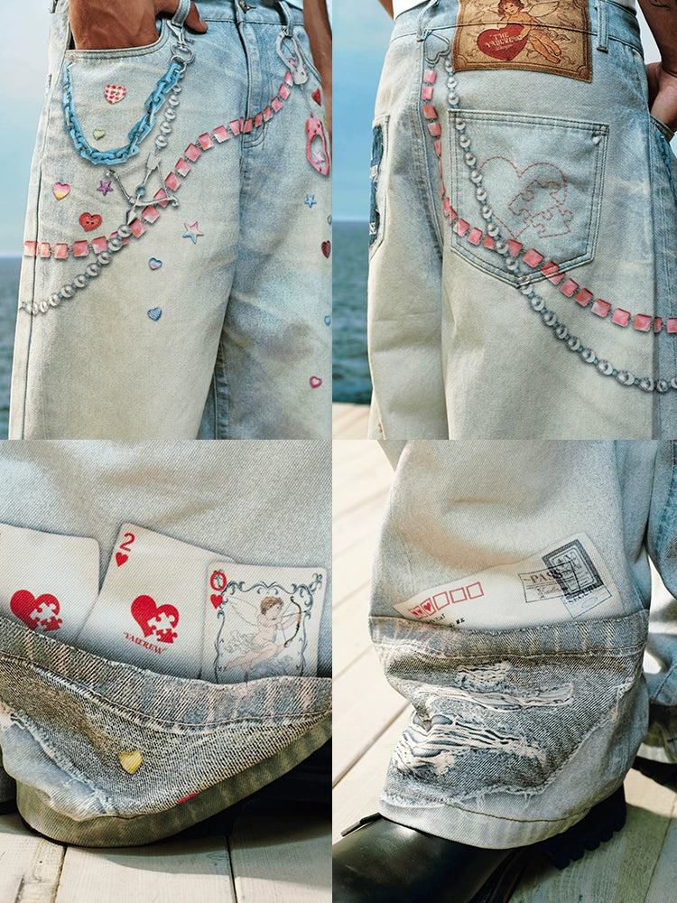 YADcrew Stream Sticker Print Pants Versatile Casual Jeans