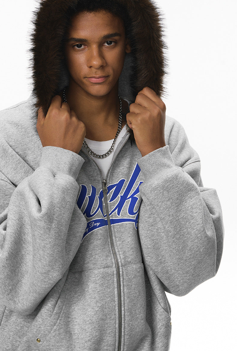 Inflation Hooded Embroidered Plush Collar Short Jacket