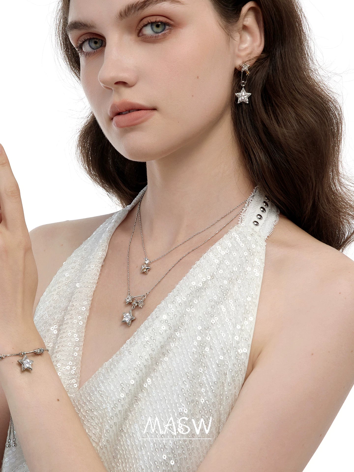 MASW Sparkling Star Layered Pendant Necklace