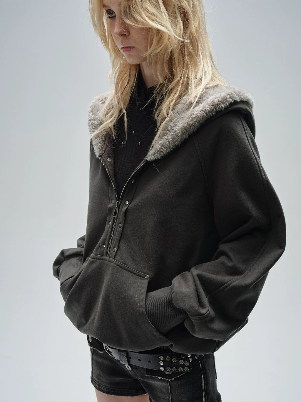 wear And tear Punk Patch Half-Zip Loose Hoodie