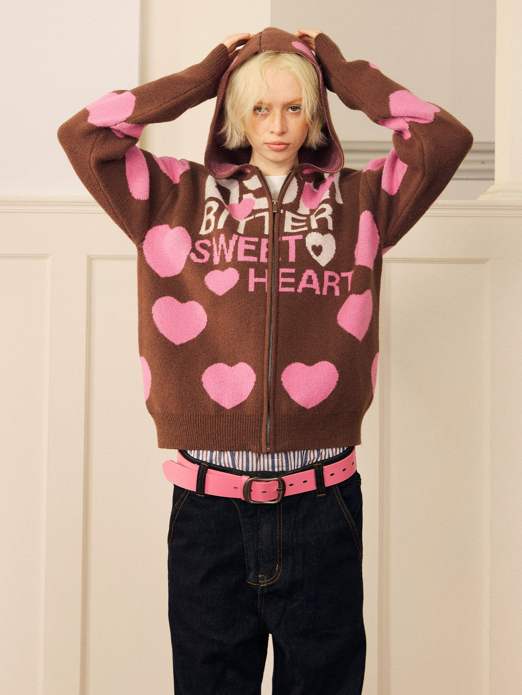 DONSMOKE Love Print Soft Waxy Lazy Contrasting Color Knitted Zipper Jacket