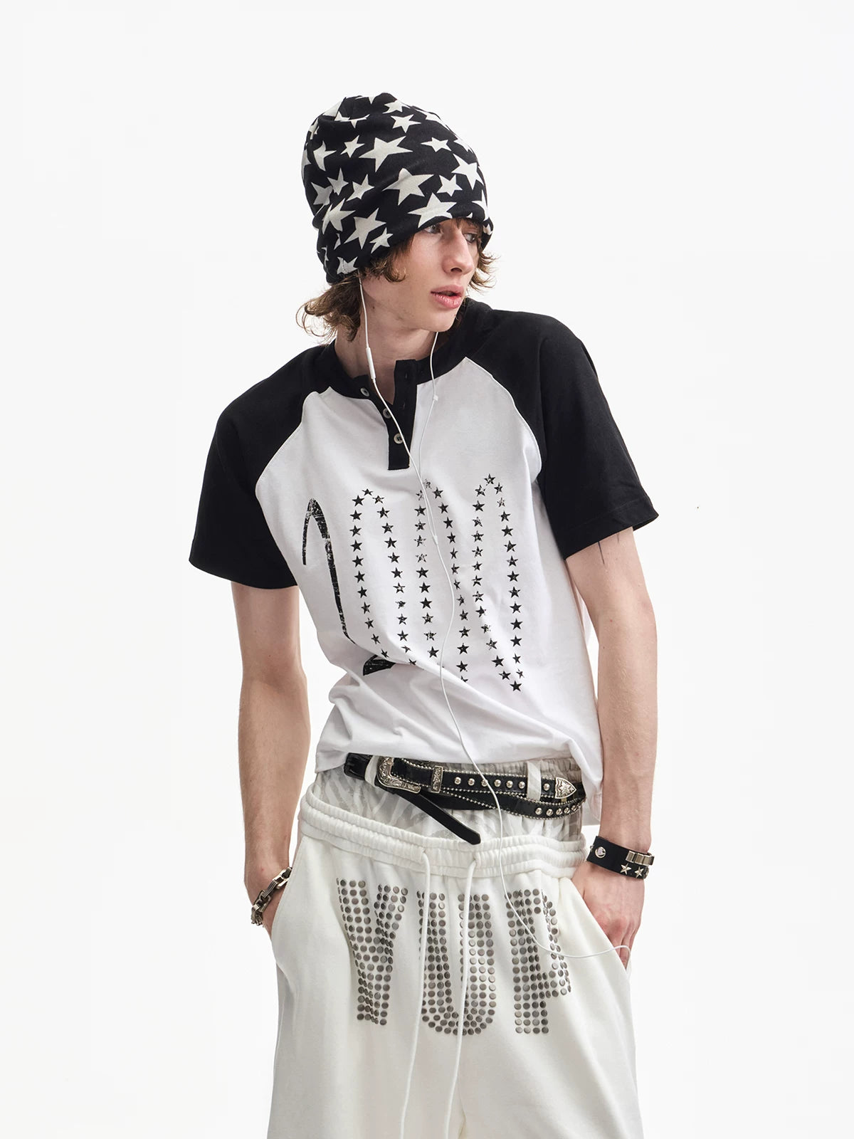 Yemanup Retro Starlight Print Shoulder Sleeve Tee