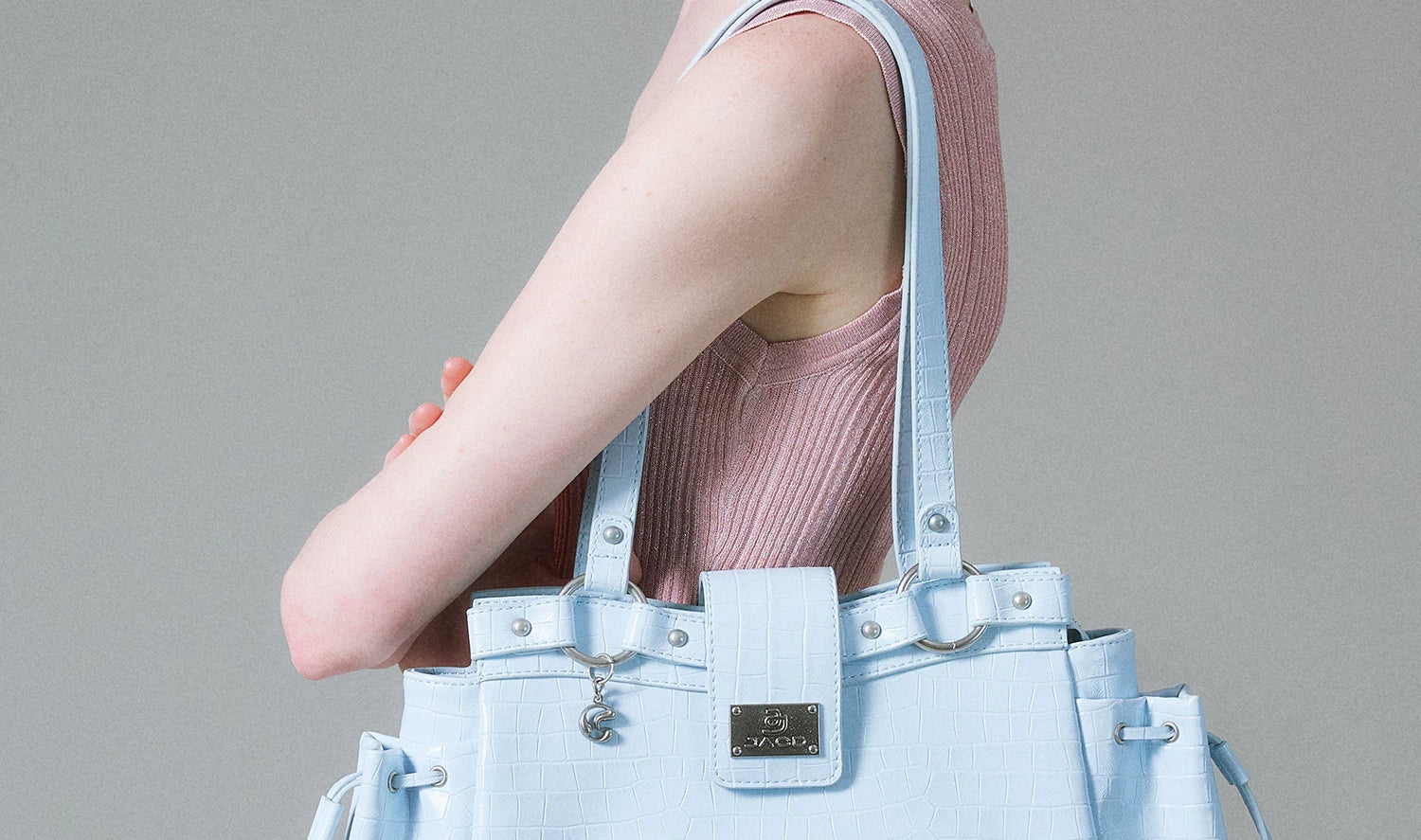 JACD Glacier Blue Faux Leather Croc-Embossed Zip-Top Shoulder Bag