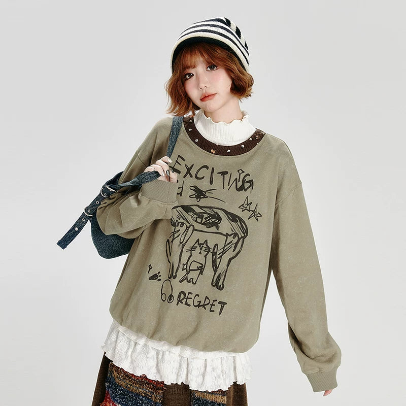 Girlyhalo Retro Crew Neck Graffiti Printingsweatshirt