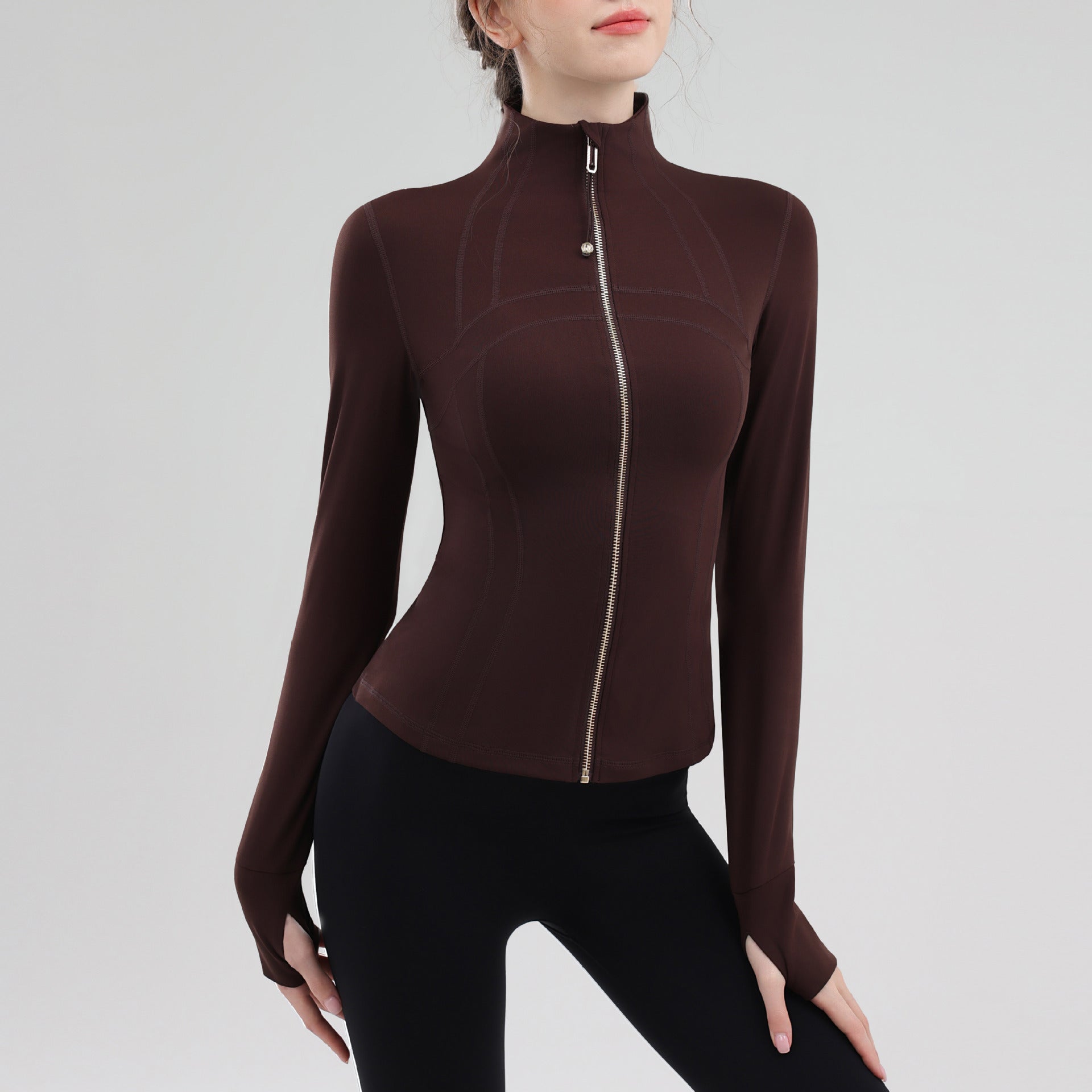 TIANQINGSE Splicing Turtleneck Slim Strap Finger Cover Long-sleeved Gym Clothes
