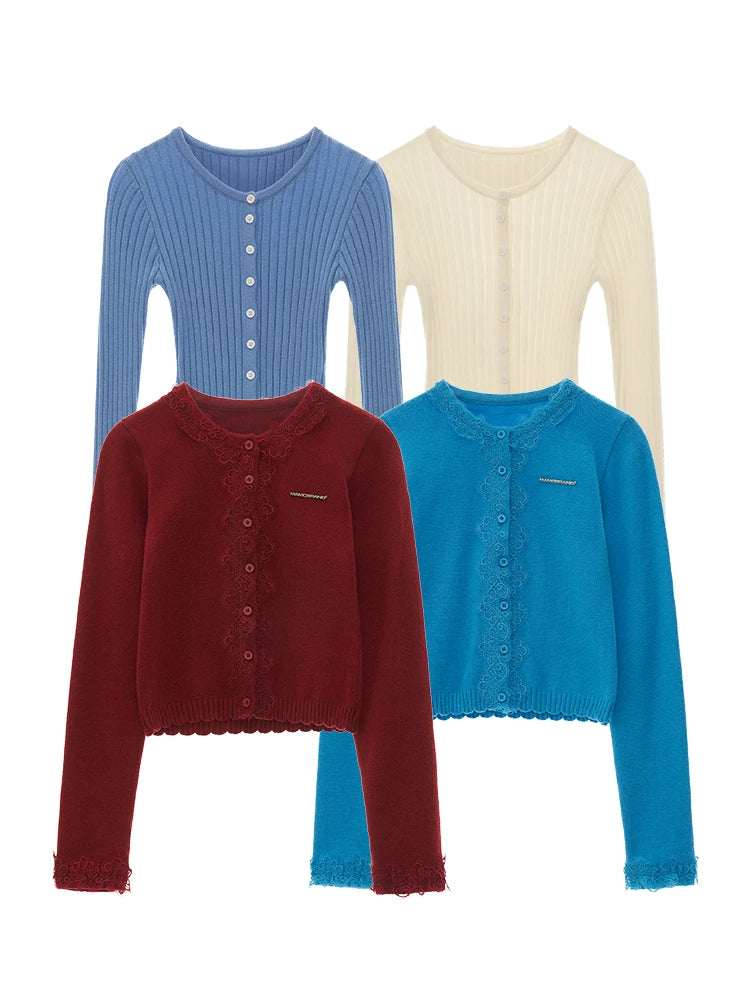 MAMC Lace Trim Cropped Knit Cardigan