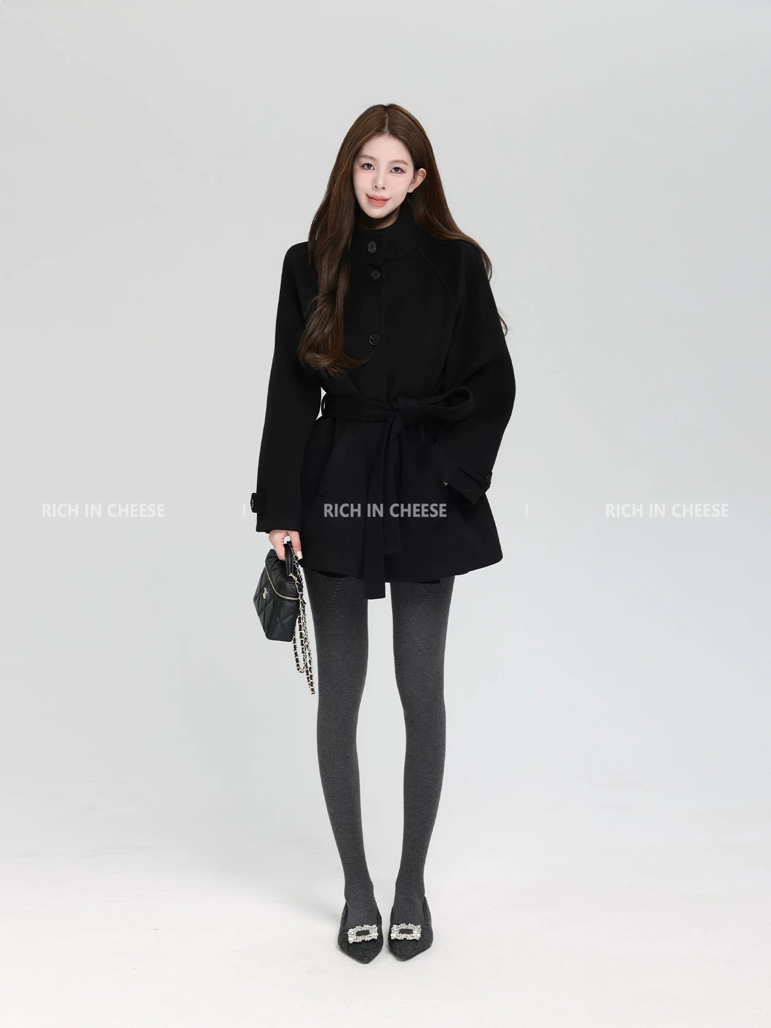 RICH IN CHEESE Premium Sense Stand-Up Neck Lace-Up Waist Wool Jacket