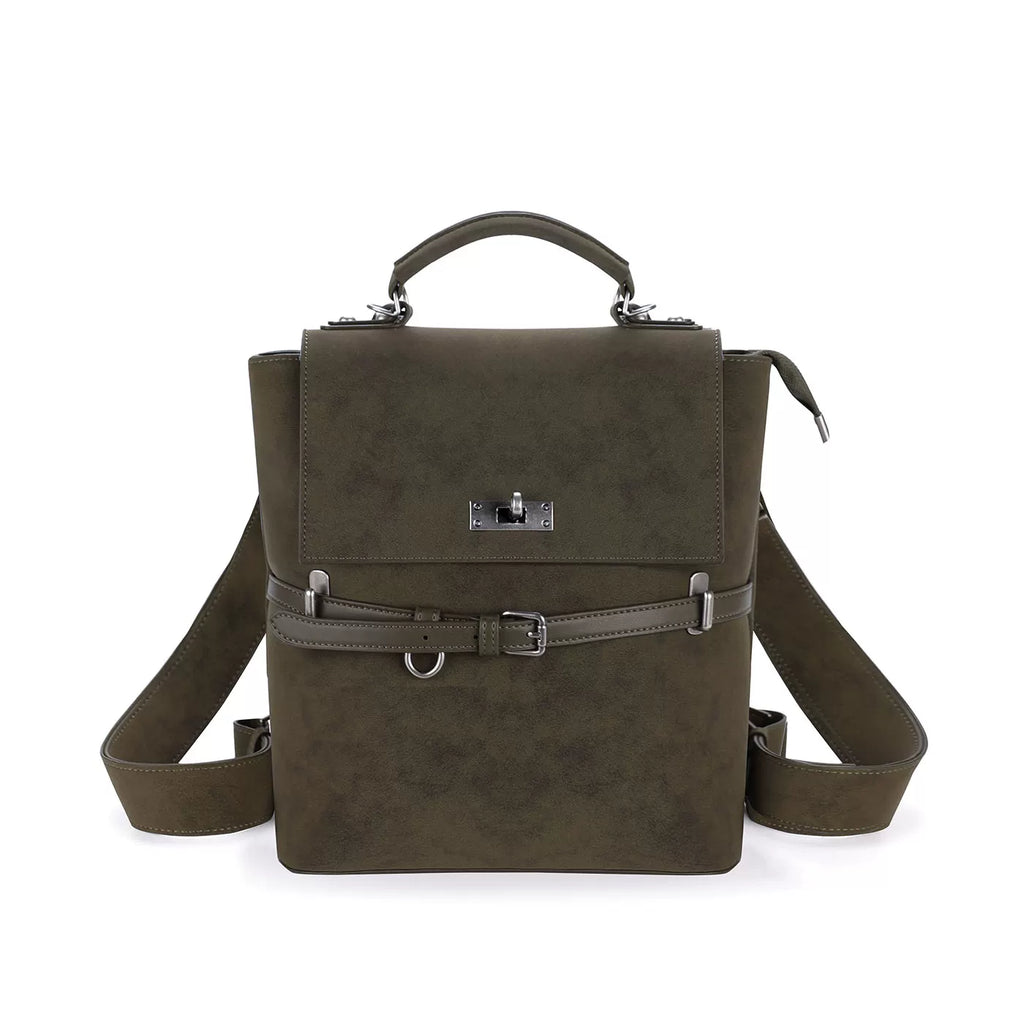 JANDRESS Moss Green Faux Leather Zip-Top -Way Backpack
