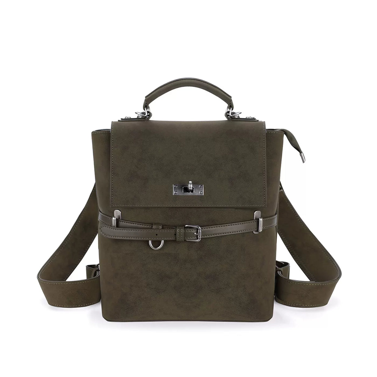 JANDRESS Moss Green Faux Leather Zip-Top -Way Backpack