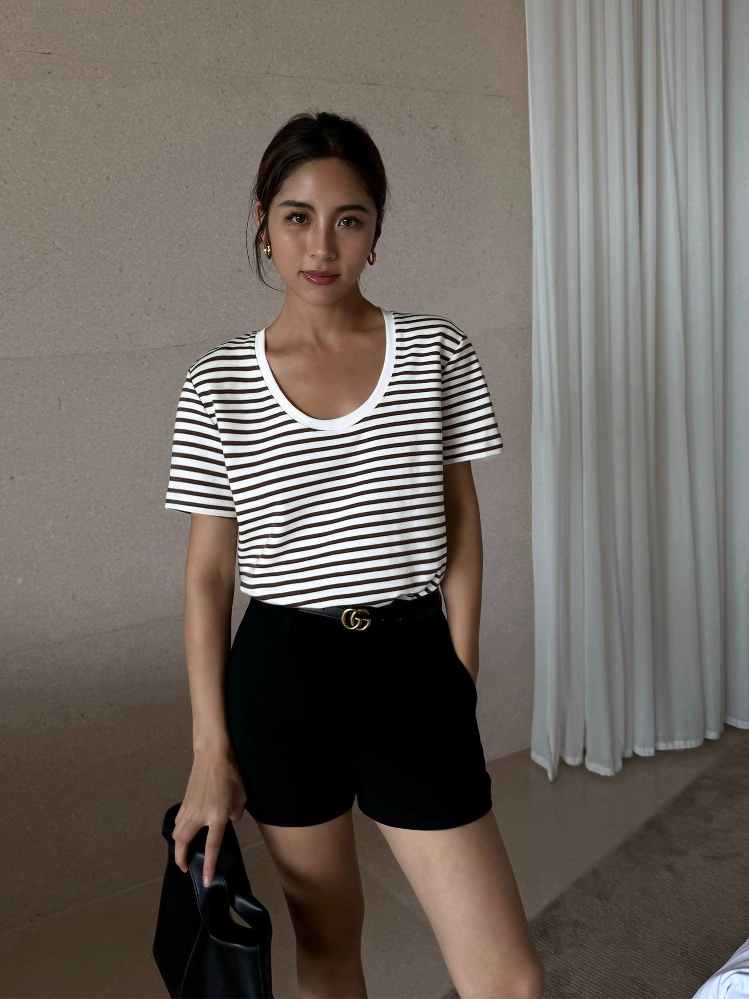 NEVA HU Striped U-neck Versatile Casual Tee
