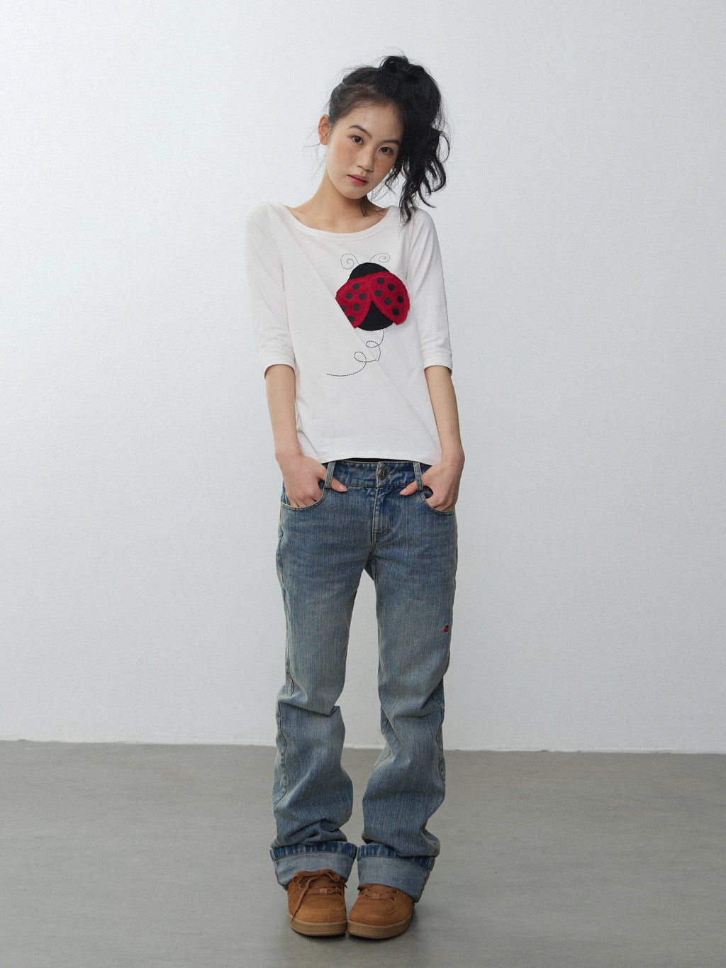 In Two Twos Ladybug Patch Embroidered Striped Tee