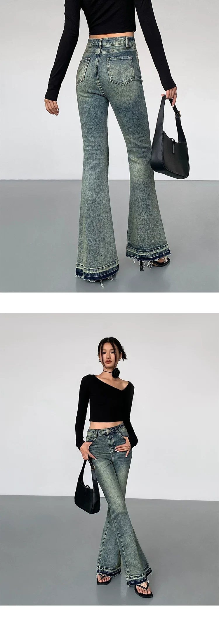 (Clearance) OUSPH Vintage High Waist Burr Edge Pull Jeans