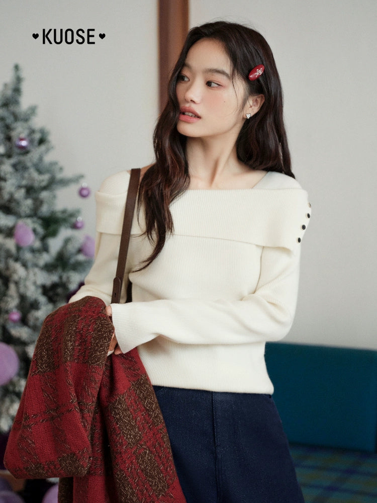 Kuose One-word Shoulder Thin Long-sleeved Knitted Sweater