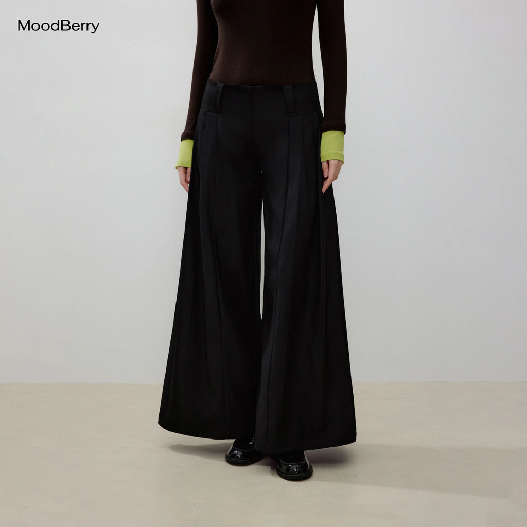 MoodBerry American Retro Pleated Wide-Leg Low-Rise Trousers