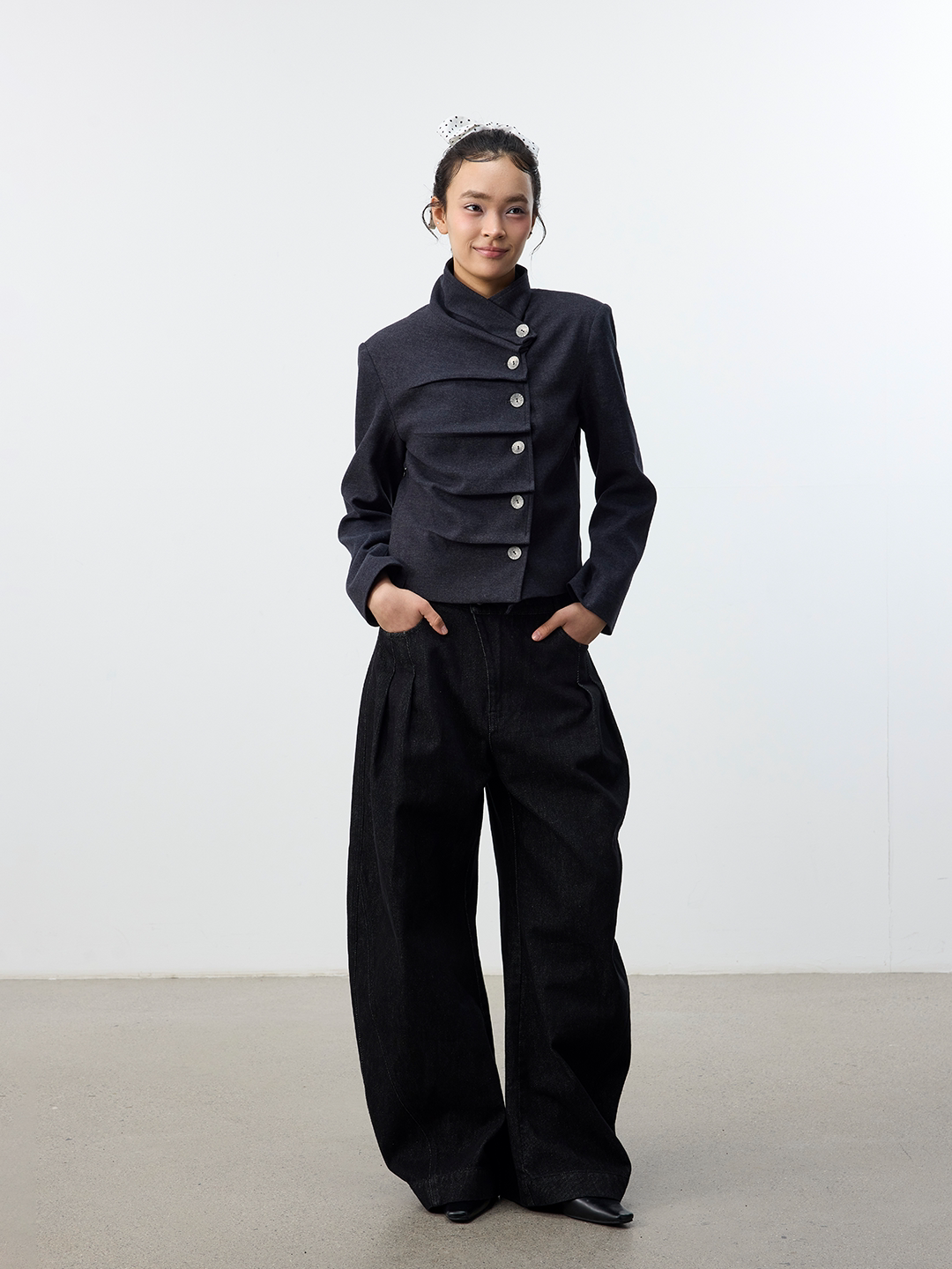 Set for Life Three-dimensional Pinch Pleated Oblique Placket Slim Short Jacket
