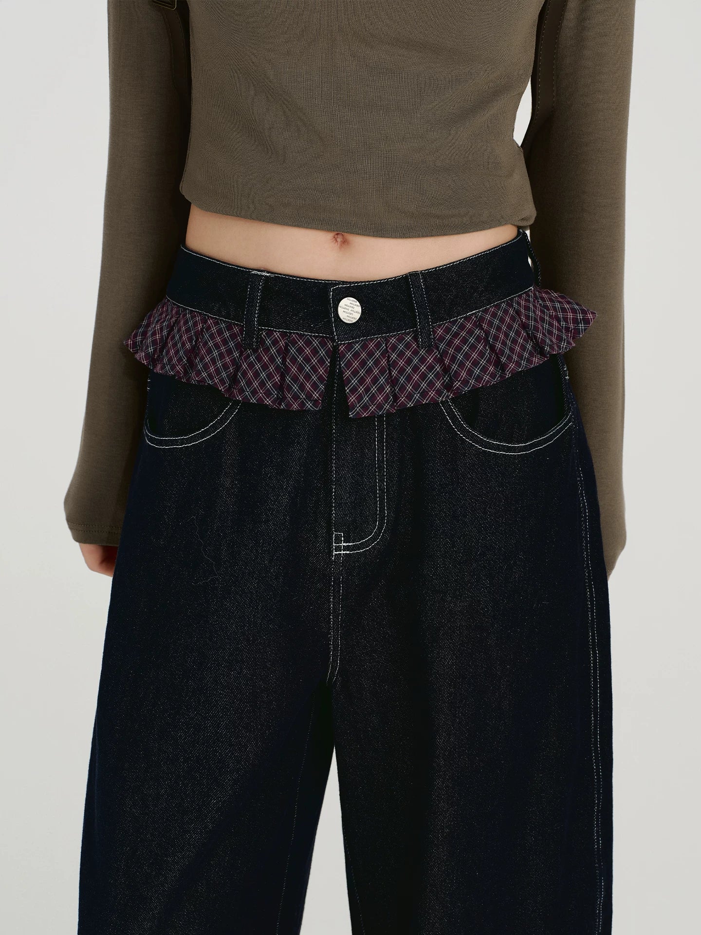 Girlyhalo Vintage Checked Lace Splicing Denim Scimitar Pants